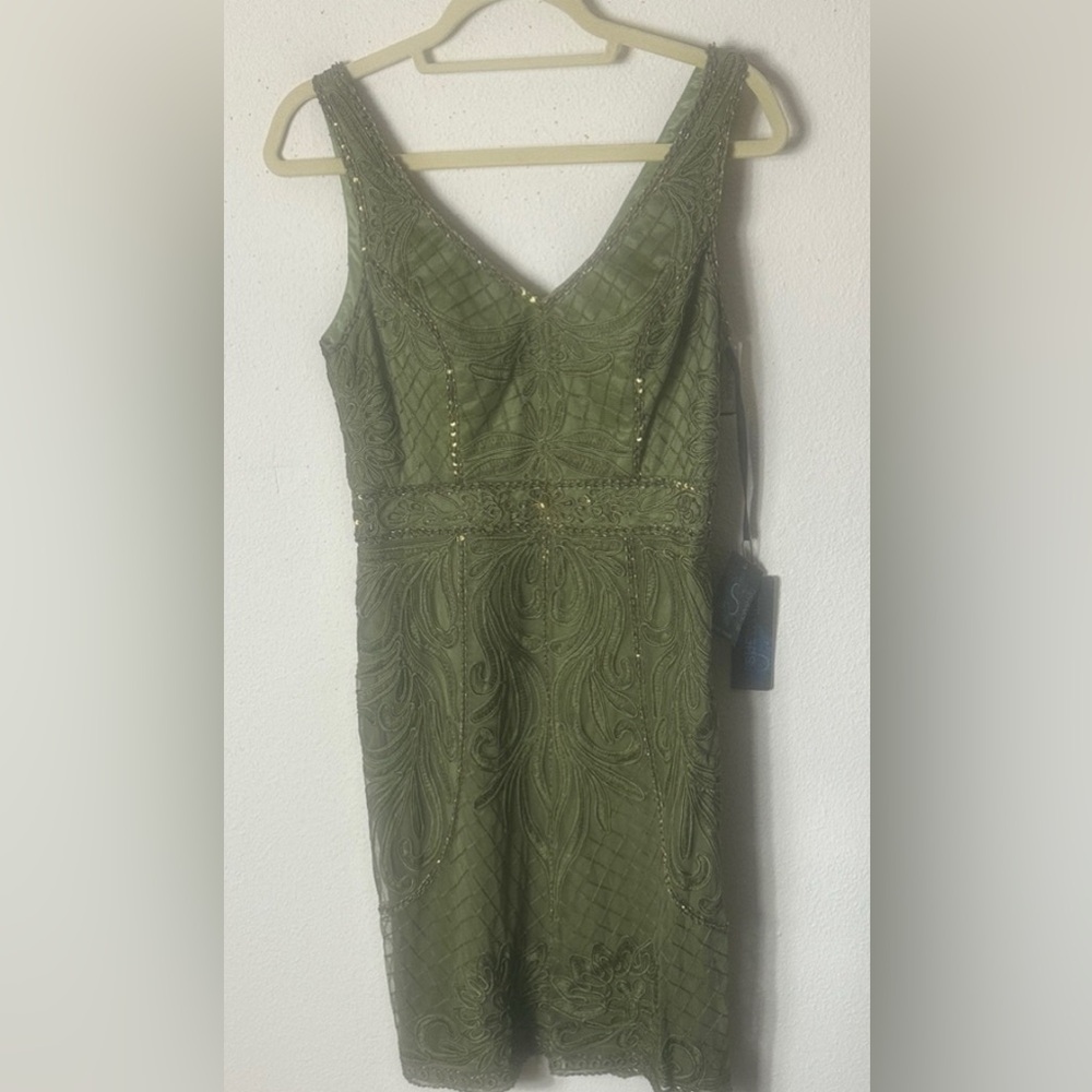SUE Wong Olive Green Beaded Dress Cocktail Wedding Knee Length NWT 10